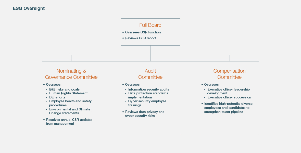 ESG Oversight graphic that demonstrates the oversight chain of command. The Full Board (at the top of the chain) oversees CSR function and reviews CSR report. Next, the Nominating and Governance Committee oversees E&S risks and goals, human rights statements, DEI efforts, Employee Health and Safety Procedures, Environmental and climate change statements. They also review annual CSR updates from management. On the same level, the Audit Committee oversees information security audits, data protection standards implementation, and cyber security employee trainings. It also reviews data privacy and cyber security risks. On the same level is the Compensation Committee, which oversees executive officer leadership development and executive officer succession. It also identifies high-potential diverse employees and candidates to strengthen talent pipeline.